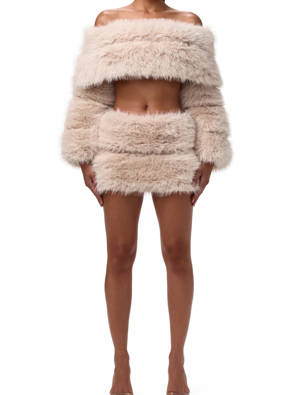 NWT Sz L Naked Wardrobe Faux Fur Off the Shoulder Long Sleeve Crop Top Beige
